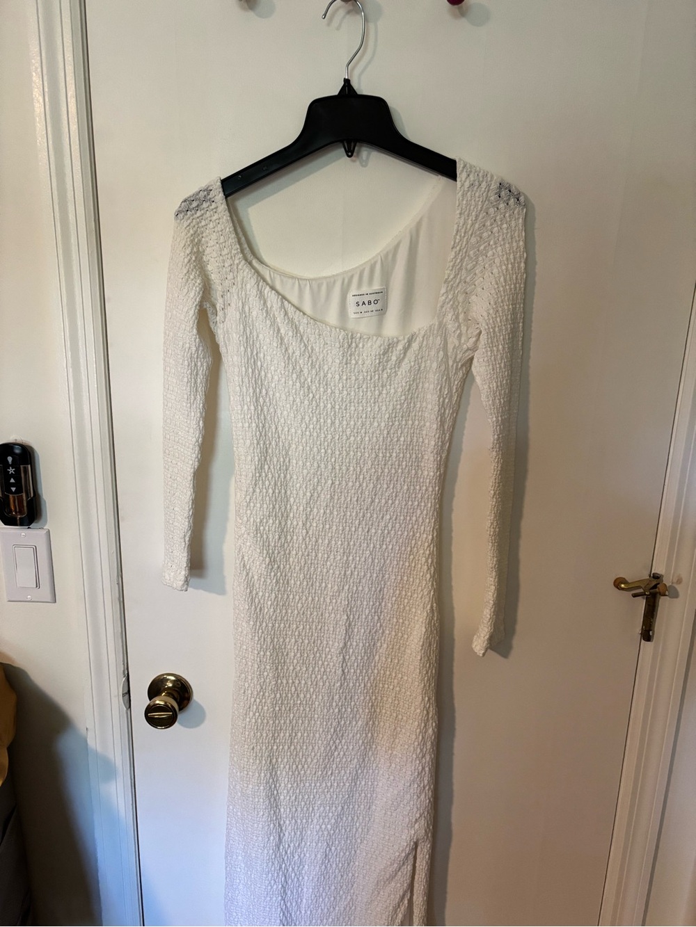 Sabo Skirt White Textured Long-Sleeve Maxi Dress Asymmetrical Neckline